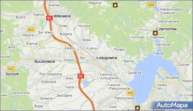 mapa Łodygowice powiat żywiecki, Łodygowice powiat żywiecki na mapie Targeo