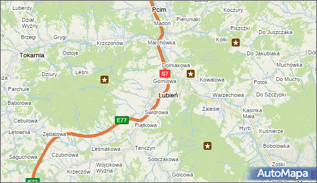 mapa Lubień powiat myślenicki, Lubień powiat myślenicki na mapie Targeo