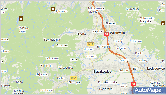 mapa Meszna gmina Wilkowice, Meszna gmina Wilkowice na mapie Targeo