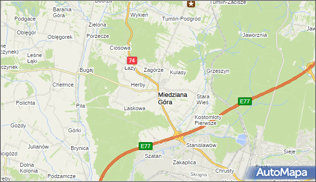 mapa Miedziana Góra powiat kielecki, Miedziana Góra powiat kielecki na mapie Targeo