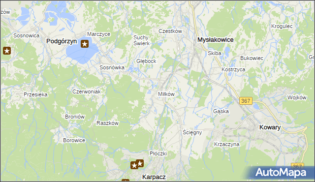 mapa Miłków gmina Podgórzyn, Miłków gmina Podgórzyn na mapie Targeo