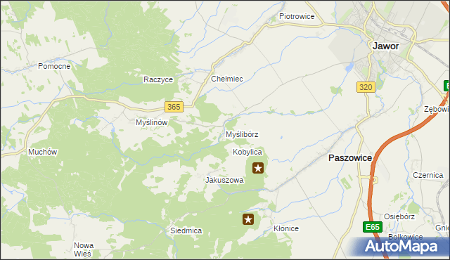 mapa Myślibórz gmina Paszowice, Myślibórz gmina Paszowice na mapie Targeo