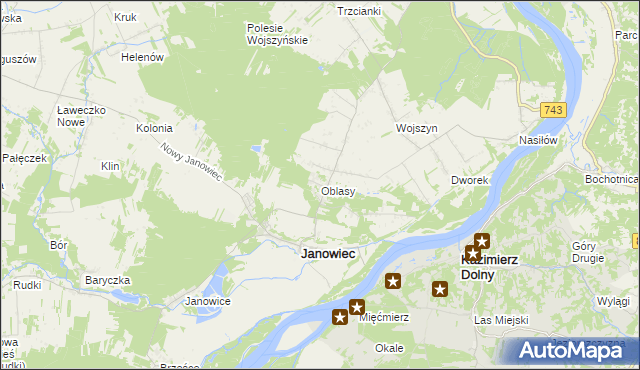 mapa Oblasy gmina Janowiec, Oblasy gmina Janowiec na mapie Targeo