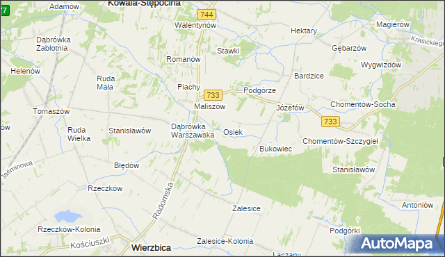 mapa Osiek gmina Kowala, Osiek gmina Kowala na mapie Targeo