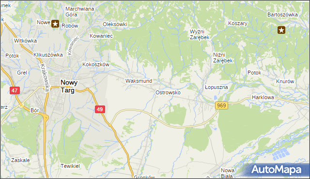 mapa Ostrowsko gmina Nowy Targ, Ostrowsko gmina Nowy Targ na mapie Targeo