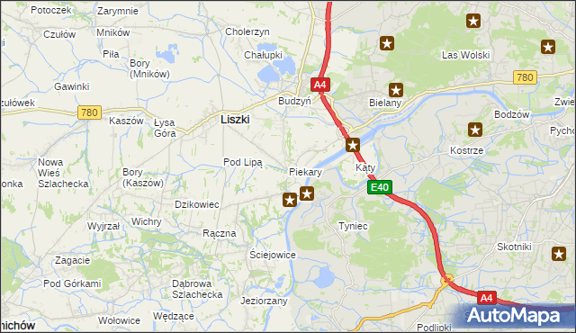 mapa Piekary gmina Liszki, Piekary gmina Liszki na mapie Targeo