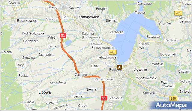 mapa Pietrzykowice gmina Łodygowice, Pietrzykowice gmina Łodygowice na mapie Targeo