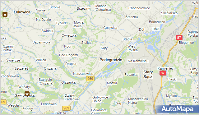 mapa Podegrodzie powiat nowosądecki, Podegrodzie powiat nowosądecki na mapie Targeo