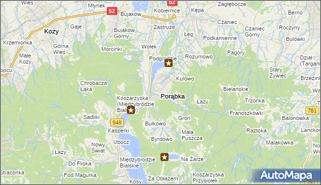 mapa Porąbka powiat bielski, Porąbka powiat bielski na mapie Targeo