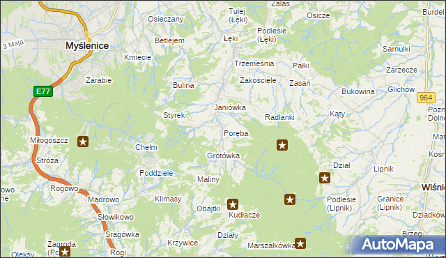 mapa Poręba gmina Myślenice, Poręba gmina Myślenice na mapie Targeo