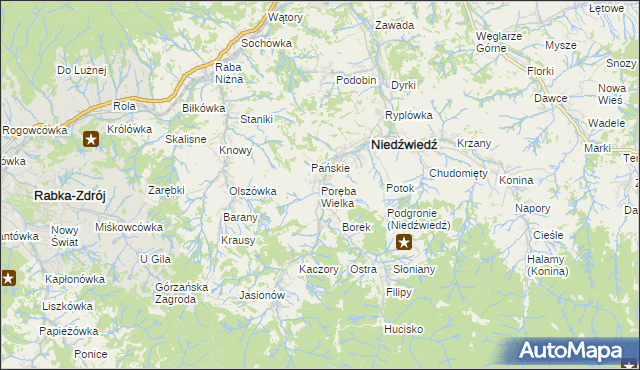 mapa Poręba Wielka gmina Niedźwiedź, Poręba Wielka gmina Niedźwiedź na mapie Targeo