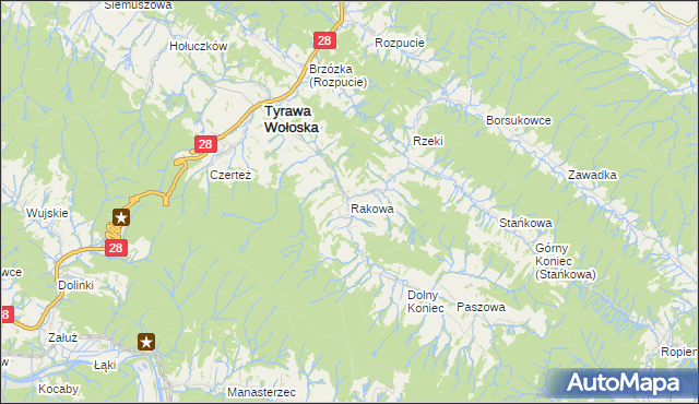 mapa Rakowa gmina Tyrawa Wołoska, Rakowa gmina Tyrawa Wołoska na mapie Targeo