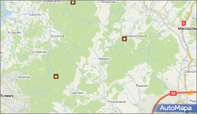 mapa Rędziny gmina Kamienna Góra, Rędziny gmina Kamienna Góra na mapie Targeo