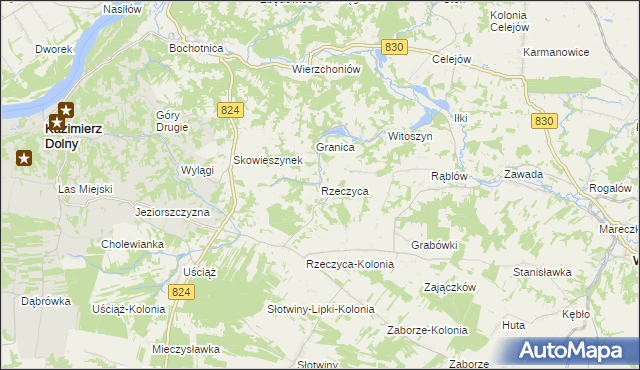 mapa Rzeczyca gmina Kazimierz Dolny, Rzeczyca gmina Kazimierz Dolny na mapie Targeo