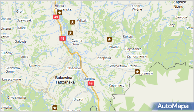 mapa Rzepiska gmina Bukowina Tatrzańska, Rzepiska gmina Bukowina Tatrzańska na mapie Targeo