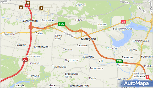 mapa Sadowie gmina Mierzęcice, Sadowie gmina Mierzęcice na mapie Targeo