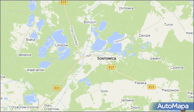 mapa Sosnowica powiat parczewski, Sosnowica powiat parczewski na mapie Targeo