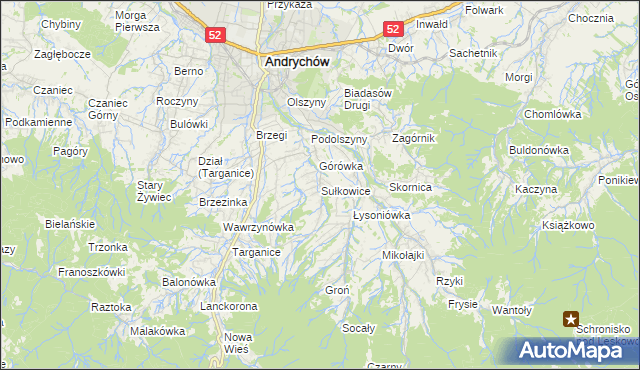 mapa Sułkowice gmina Andrychów, Sułkowice gmina Andrychów na mapie Targeo