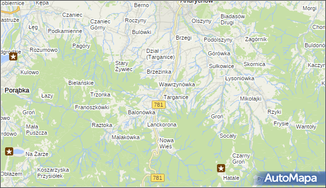 mapa Targanice, Targanice na mapie Targeo