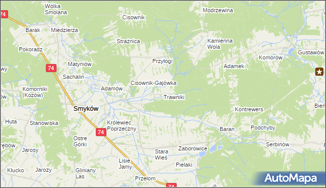 mapa Trawniki gmina Smyków, Trawniki gmina Smyków na mapie Targeo