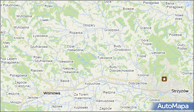 mapa Tułkowice gmina Wiśniowa, Tułkowice gmina Wiśniowa na mapie Targeo