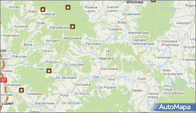 mapa Węglówka gmina Wiśniowa, Węglówka gmina Wiśniowa na mapie Targeo