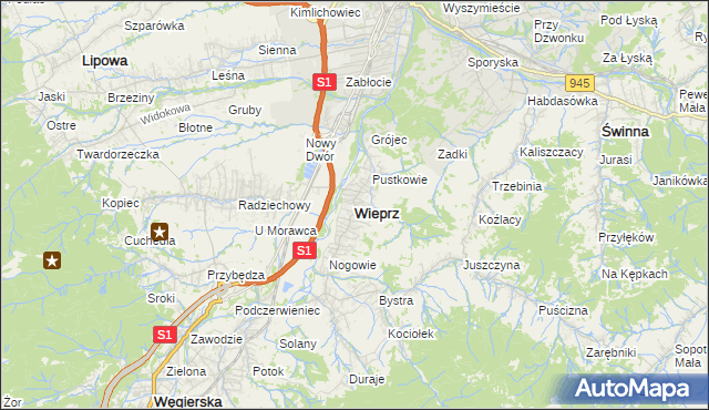 mapa Wieprz gmina Radziechowy-Wieprz, Wieprz gmina Radziechowy-Wieprz na mapie Targeo