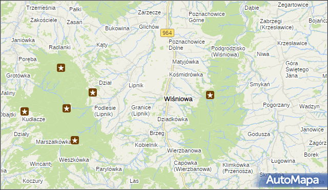 mapa Wiśniowa powiat myślenicki, Wiśniowa powiat myślenicki na mapie Targeo