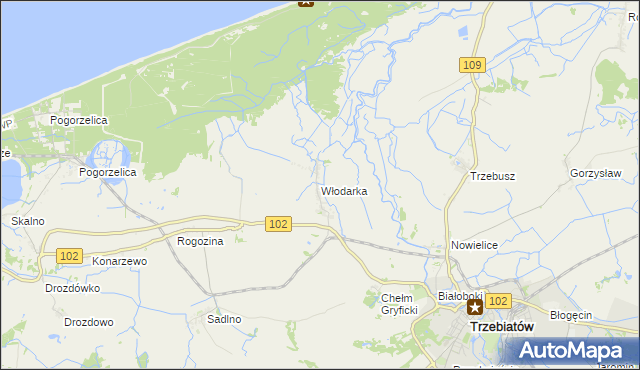 mapa Włodarka gmina Trzebiatów, Włodarka gmina Trzebiatów na mapie Targeo