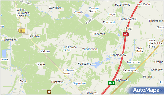 mapa Włodzimierz gmina Kamieńsk, Włodzimierz gmina Kamieńsk na mapie Targeo