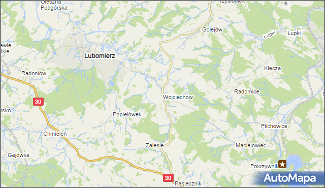 mapa Wojciechów gmina Lubomierz, Wojciechów gmina Lubomierz na mapie Targeo