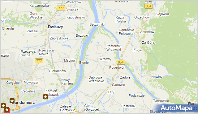 mapa Wrzawy gmina Gorzyce, Wrzawy gmina Gorzyce na mapie Targeo