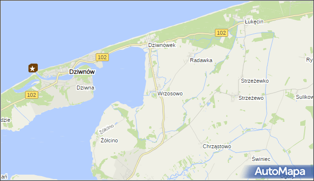 mapa Wrzosowo gmina Kamień Pomorski, Wrzosowo gmina Kamień Pomorski na mapie Targeo