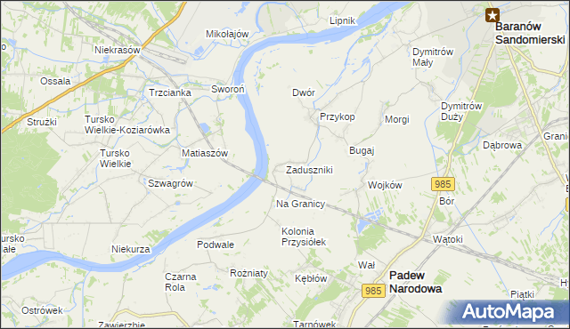 mapa Zaduszniki gmina Padew Narodowa, Zaduszniki gmina Padew Narodowa na mapie Targeo