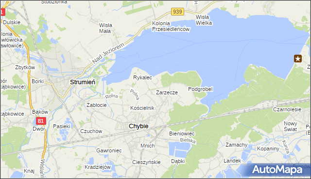 mapa Zarzecze gmina Chybie, Zarzecze gmina Chybie na mapie Targeo