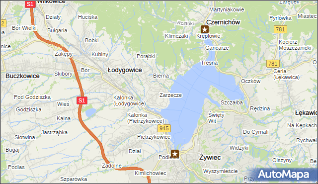 mapa Zarzecze gmina Łodygowice, Zarzecze gmina Łodygowice na mapie Targeo