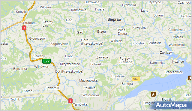 mapa Zawada gmina Myślenice, Zawada gmina Myślenice na mapie Targeo