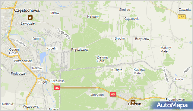 mapa Zielona Góra gmina Olsztyn, Zielona Góra gmina Olsztyn na mapie Targeo