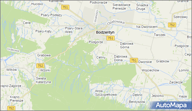 mapa Celiny gmina Bodzentyn, Celiny gmina Bodzentyn na mapie Targeo