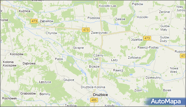 mapa Czarny Las gmina Drużbice, Czarny Las gmina Drużbice na mapie Targeo