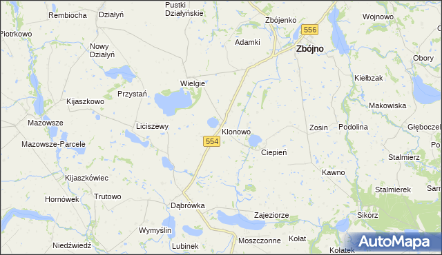 mapa Klonowo gmina Zbójno, Klonowo gmina Zbójno na mapie Targeo