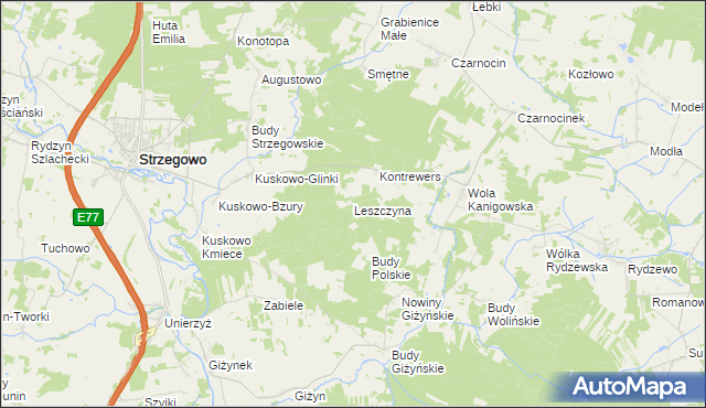 mapa Leszczyna gmina Strzegowo, Leszczyna gmina Strzegowo na mapie Targeo