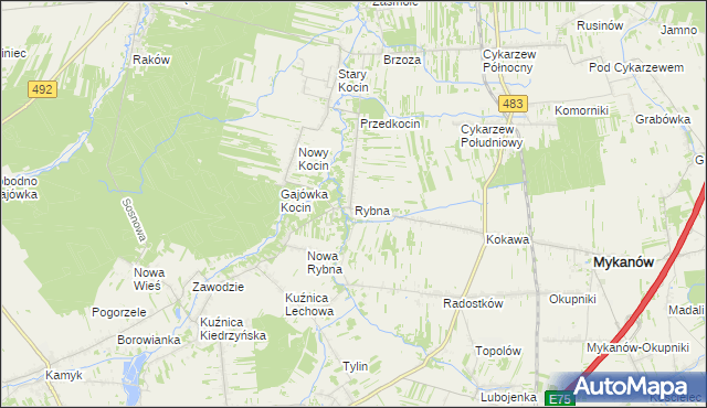 mapa Rybna gmina Mykanów, Rybna gmina Mykanów na mapie Targeo