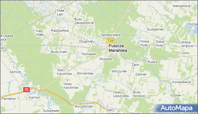 mapa Wygoda gmina Puszcza Mariańska, Wygoda gmina Puszcza Mariańska na mapie Targeo
