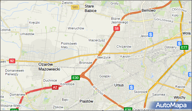 mapa Jawczyce gmina Ożarów Mazowiecki, Jawczyce gmina Ożarów Mazowiecki na mapie Targeo