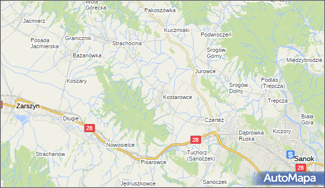 mapa Kostarowce, Kostarowce na mapie Targeo