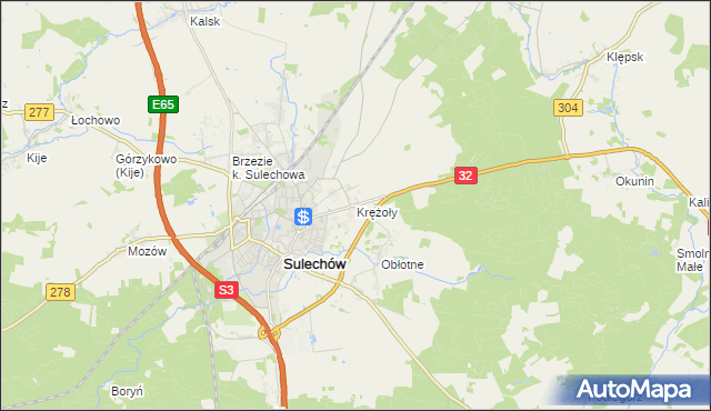 mapa Krężoły gmina Sulechów, Krężoły gmina Sulechów na mapie Targeo