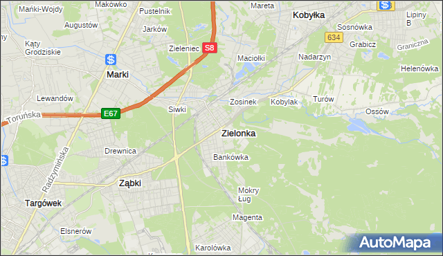 mapa Zielonka powiat wołomiński, Zielonka powiat wołomiński na mapie Targeo
