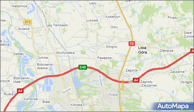 mapa Pawęzów gmina Lisia Góra, Pawęzów gmina Lisia Góra na mapie Targeo