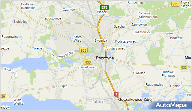 mapa Pszczyny, Pszczyna na mapie Targeo